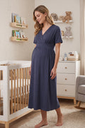 Wrap V-Neck Soft Jersey Maternity Feeding-Friendly Nightgown Navy Blue - T8078