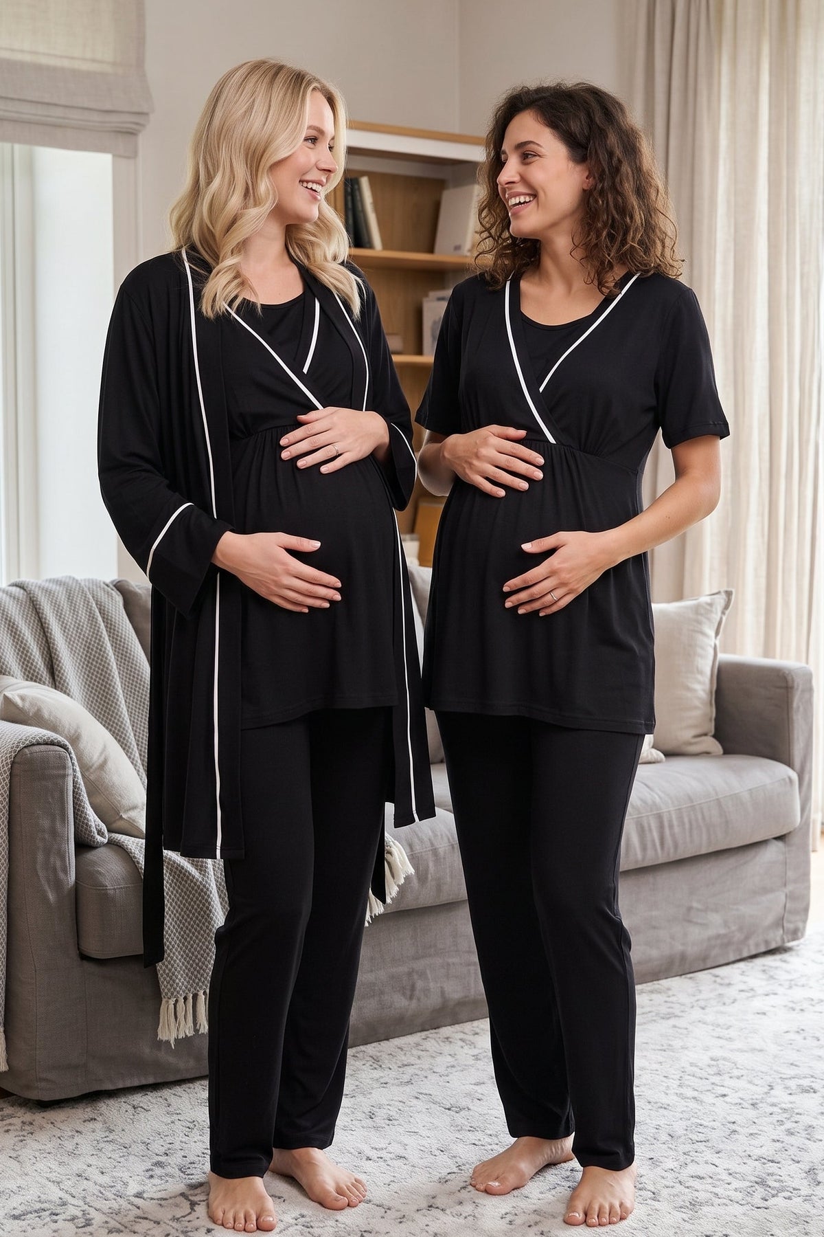 Striped Double Breasted 3-Piece Maternity Feeding-Friendly Pajama & Robe Set Black - L808