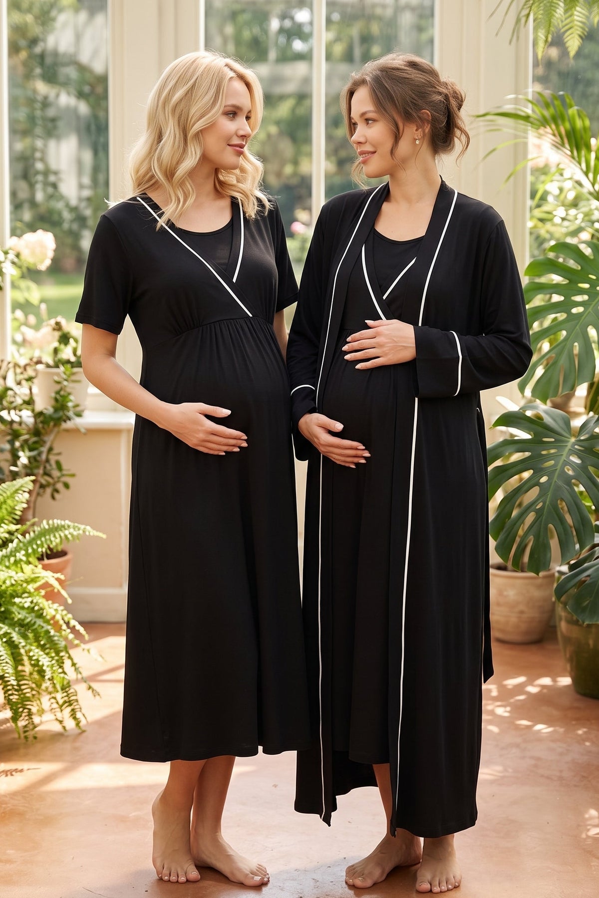 Striped Double Breasted Maternity Feeding-Friendly Nightgown & Robe Set Black - L809