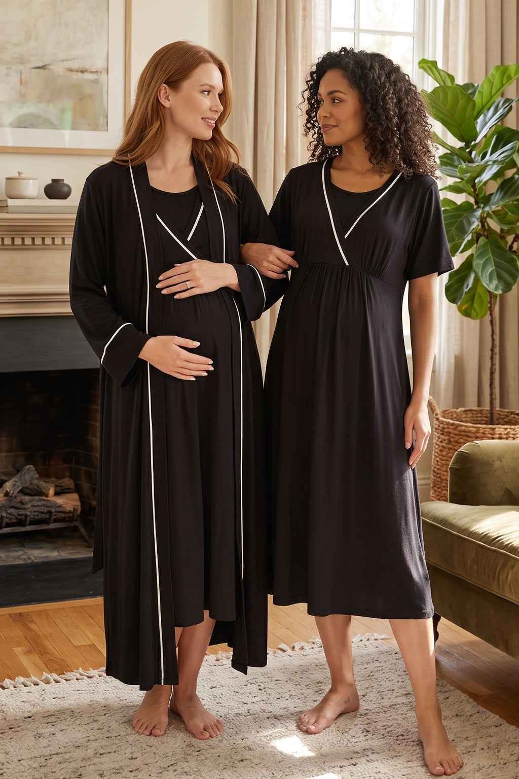 Striped Double Breasted Maternity Feeding-Friendly Nightgown & Robe Set Black - L809