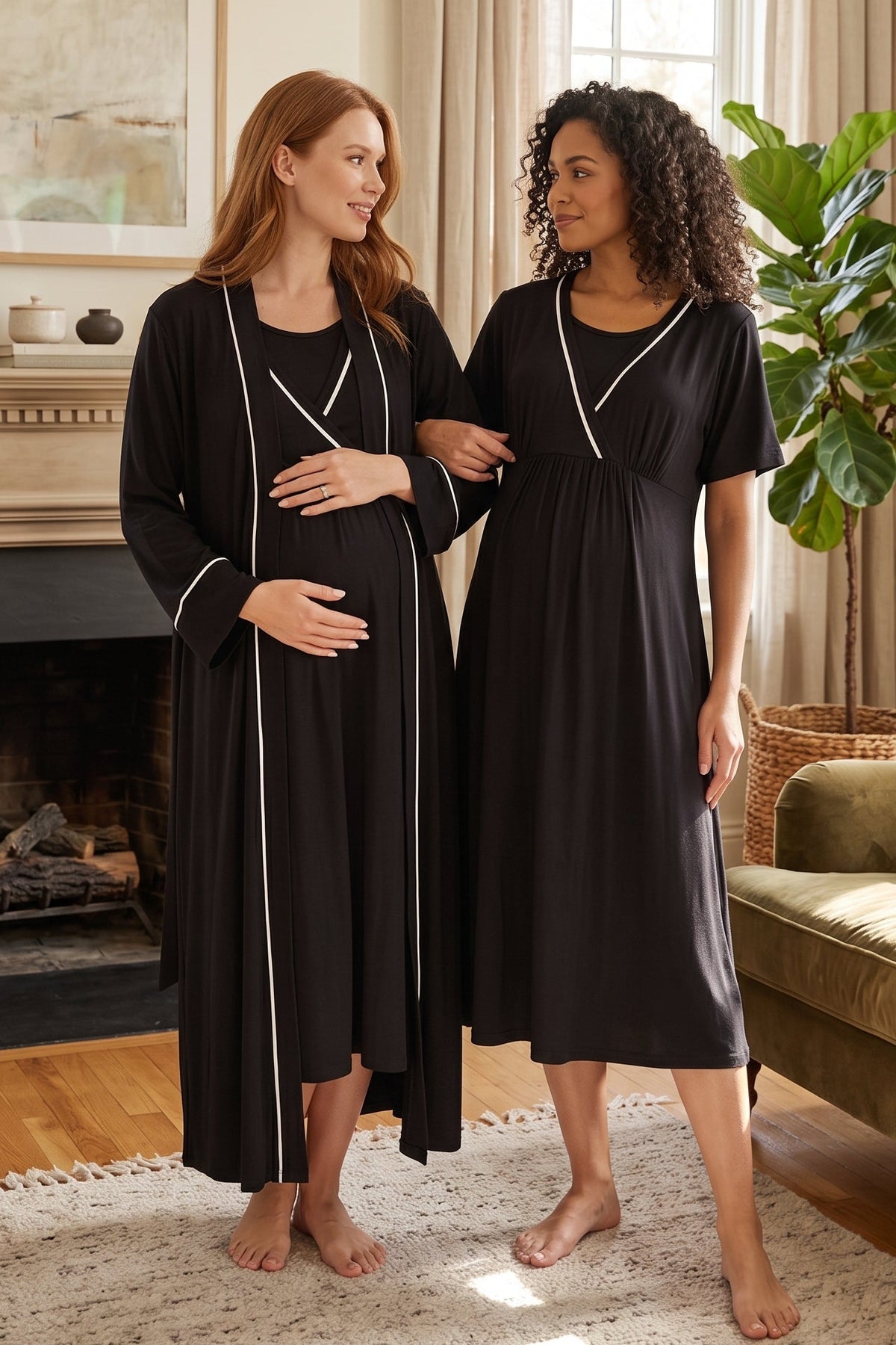 Striped Double Breasted Maternity Feeding-Friendly Nightgown & Robe Set Black - L809