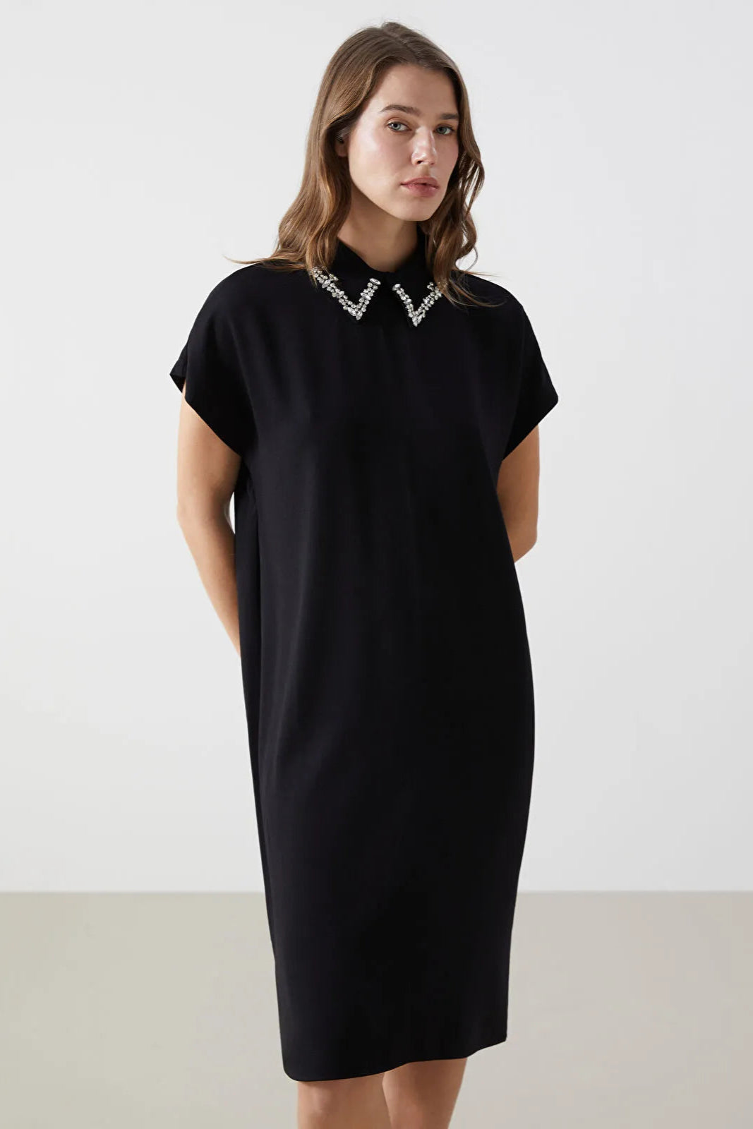 Shirt Collar Stone Printed Maternity Dress Black - 8130
