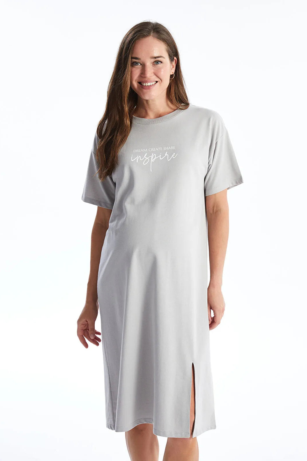 Comfort Fit Crew Neck Printed Maternity Dress Grey - 8146
