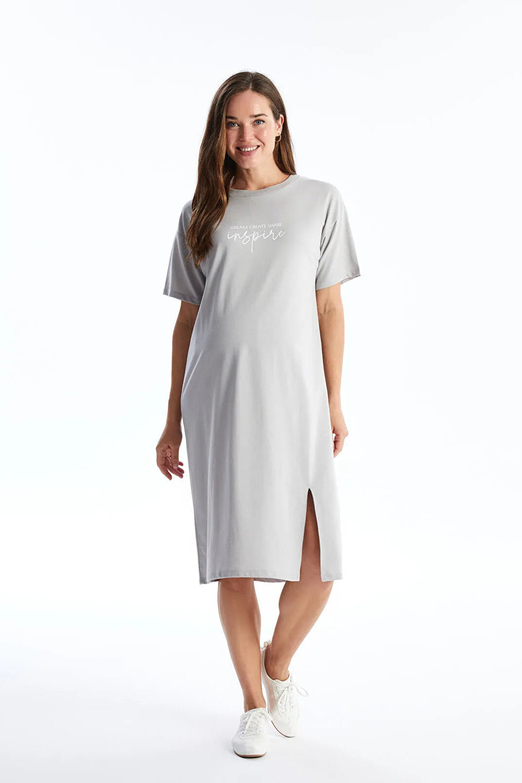 Comfort Fit Crew Neck Printed Maternity Dress Grey - 8146
