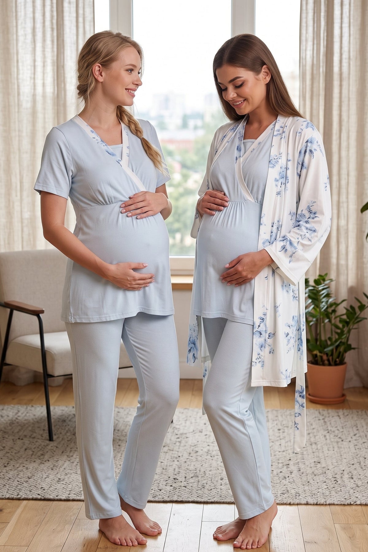 Double Breasted 3-Piece Maternity Feeding-Friendly Pajama & Flowery Robe Set Blue - L821