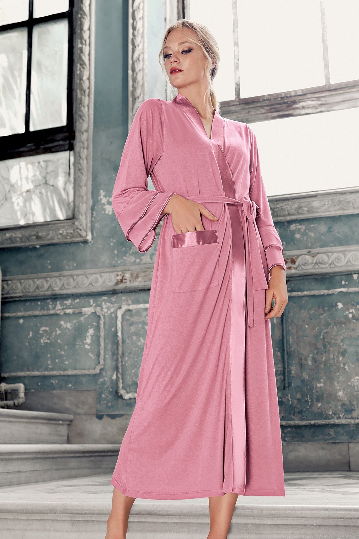 Satin Bias Maternity Robe Dried Rose - S8600