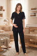 Lace Sleeve Maternity Feeding-Friendly Pajama Set Black - T9012
