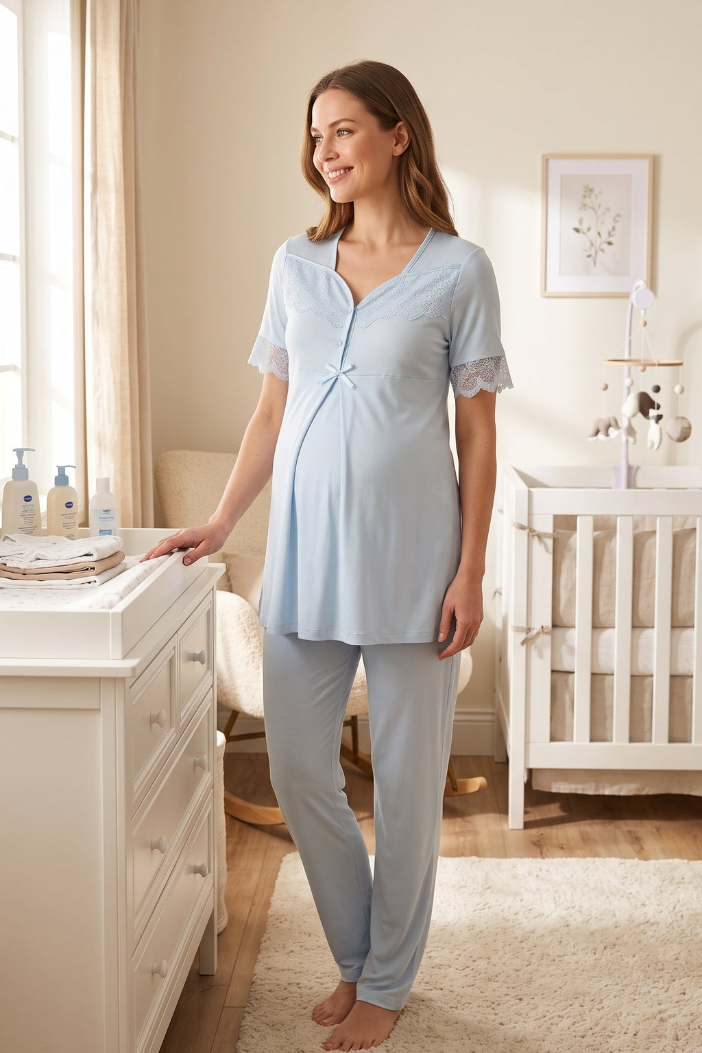 Lace Sleeve Maternity Feeding-Friendly Pajama Set Blue - T9012