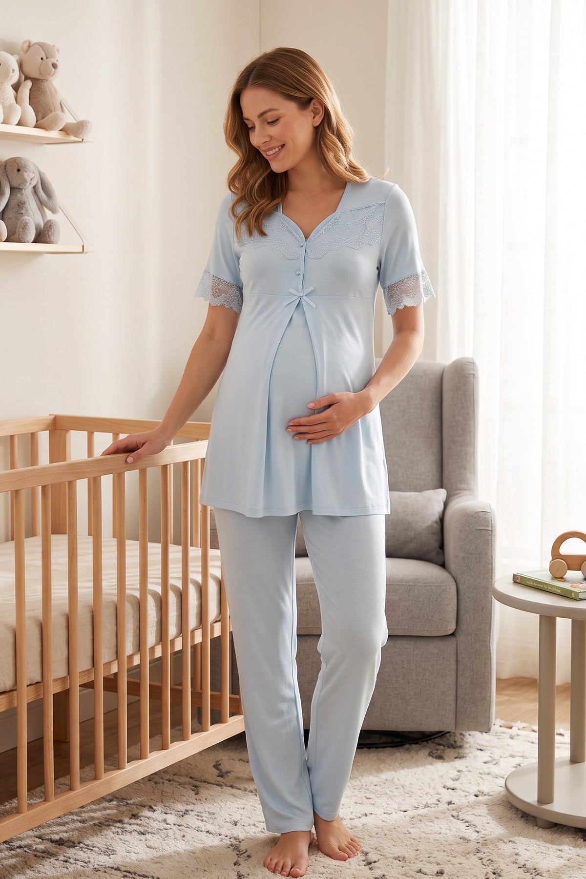 Lace Sleeve Maternity Feeding-Friendly Pajama Set Blue - T9012