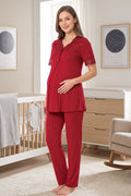 Lace Sleeve Maternity Feeding-Friendly Pajama Set Cherry - T9012