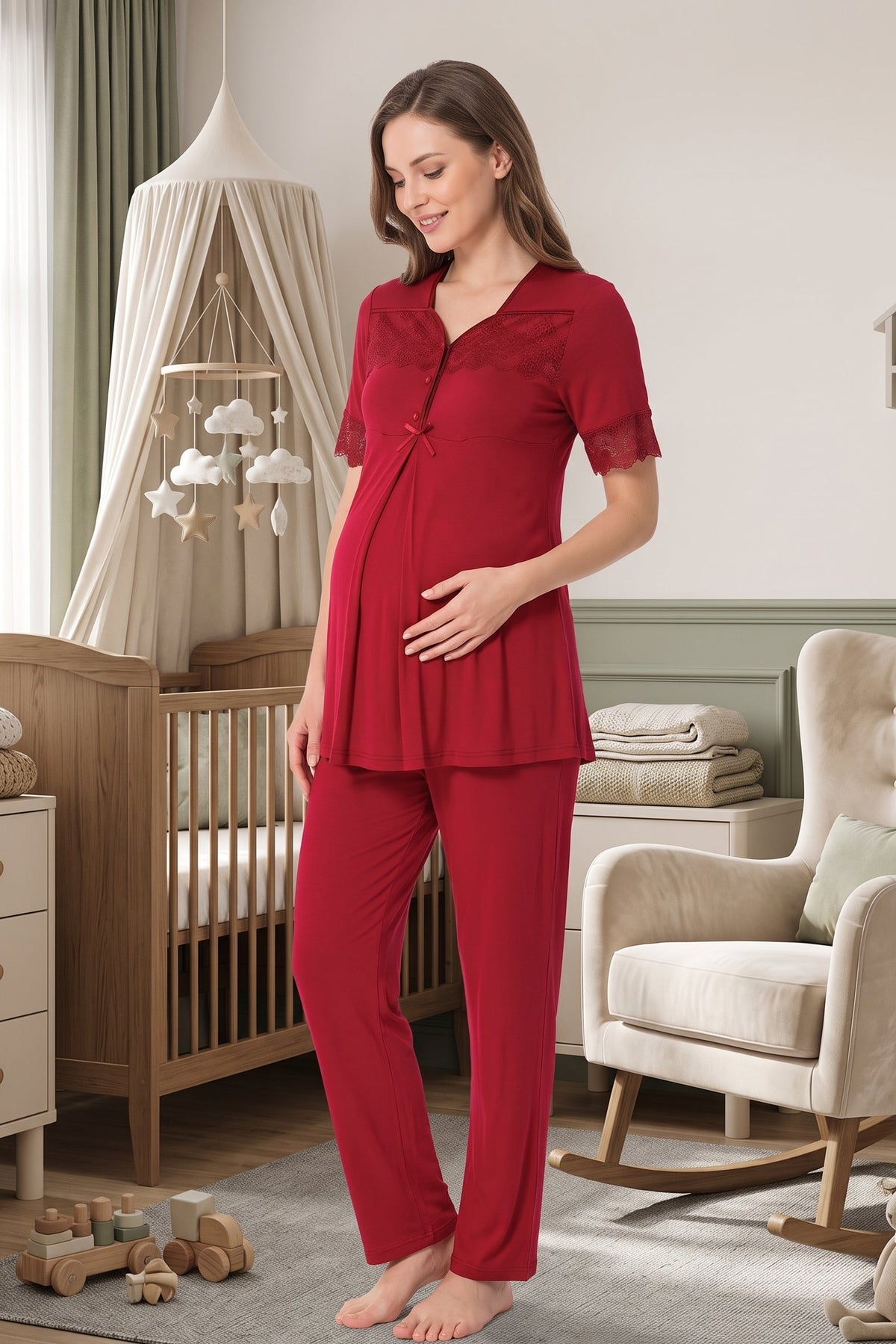 Lace Sleeve Maternity Feeding-Friendly Pajama Set Cherry - T9012