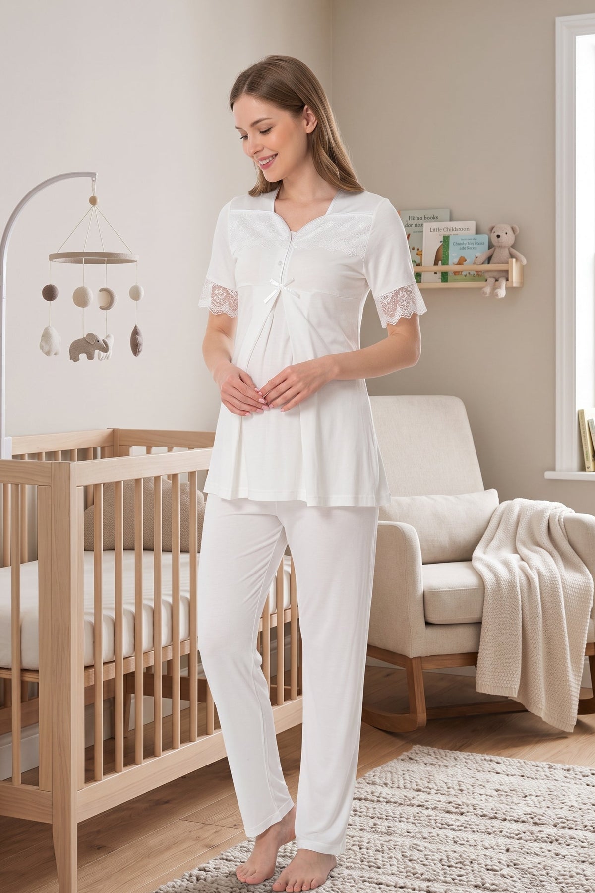 Lace Sleeve Maternity Feeding-Friendly Pajama Set Ecru - T9012