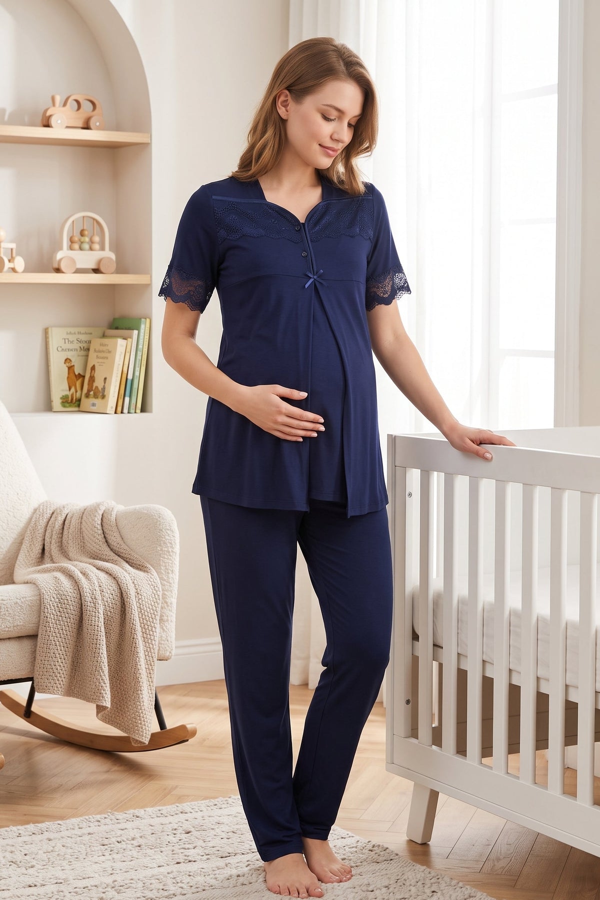 Lace Sleeve Maternity Feeding-Friendly Pajama Set Navy Blue - T9012
