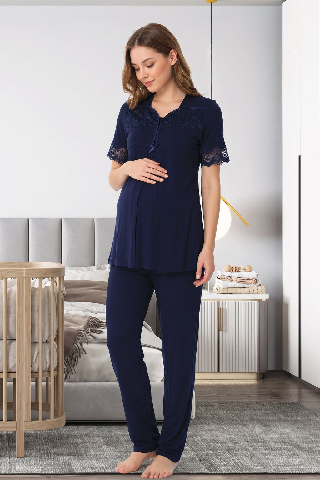 Lace Sleeve Maternity Feeding-Friendly Pajama Set Navy Blue - T9012