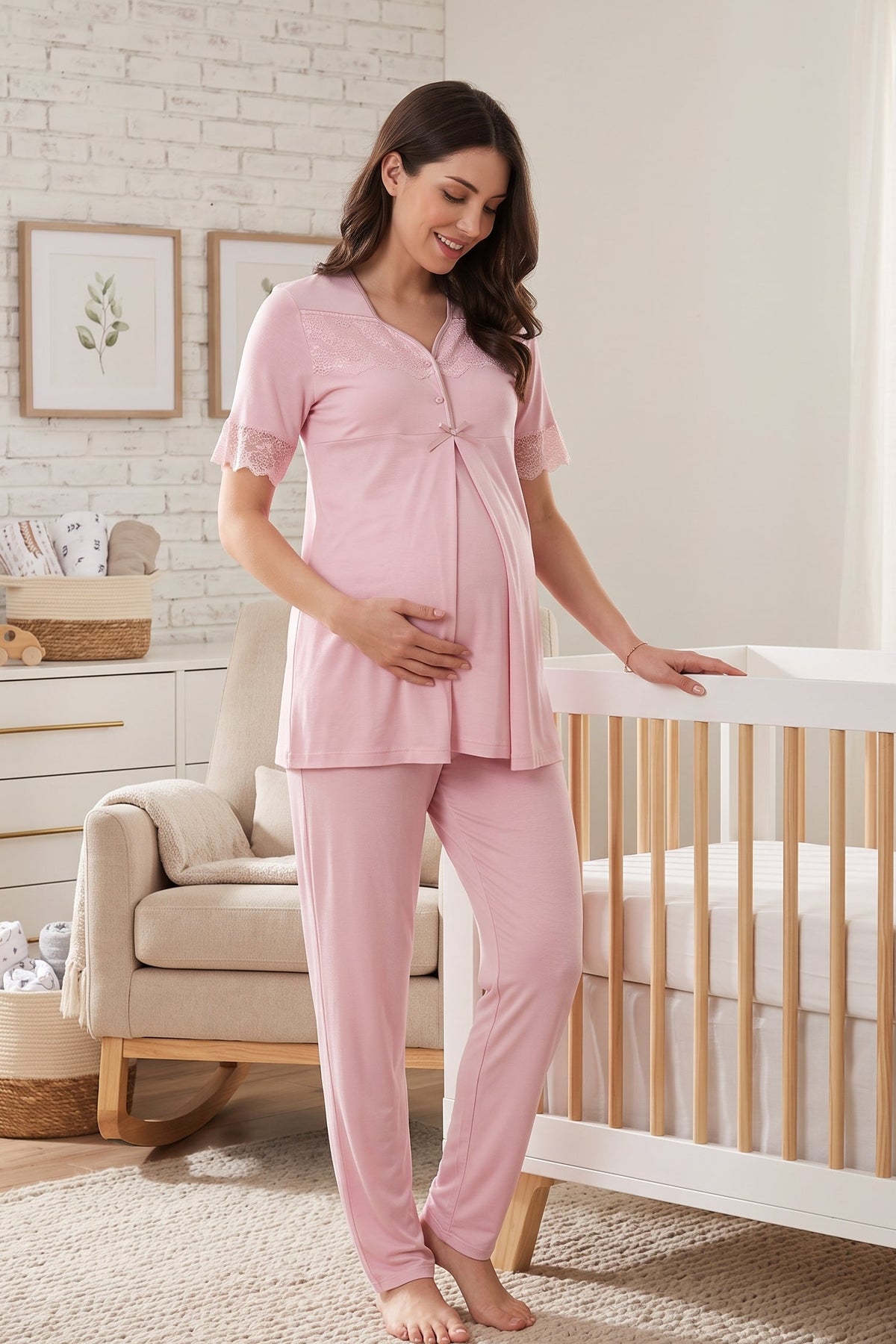 Lace Sleeve Maternity Feeding-Friendly Pajama Set Powder - T9012