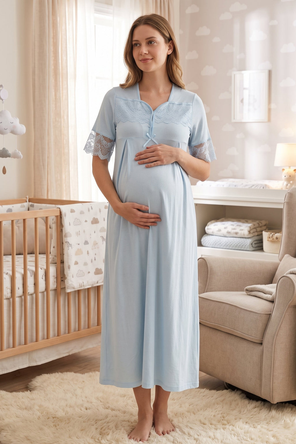Lace Sleeve Maternity Feeding-Friendly Nightgown Blue - T9013