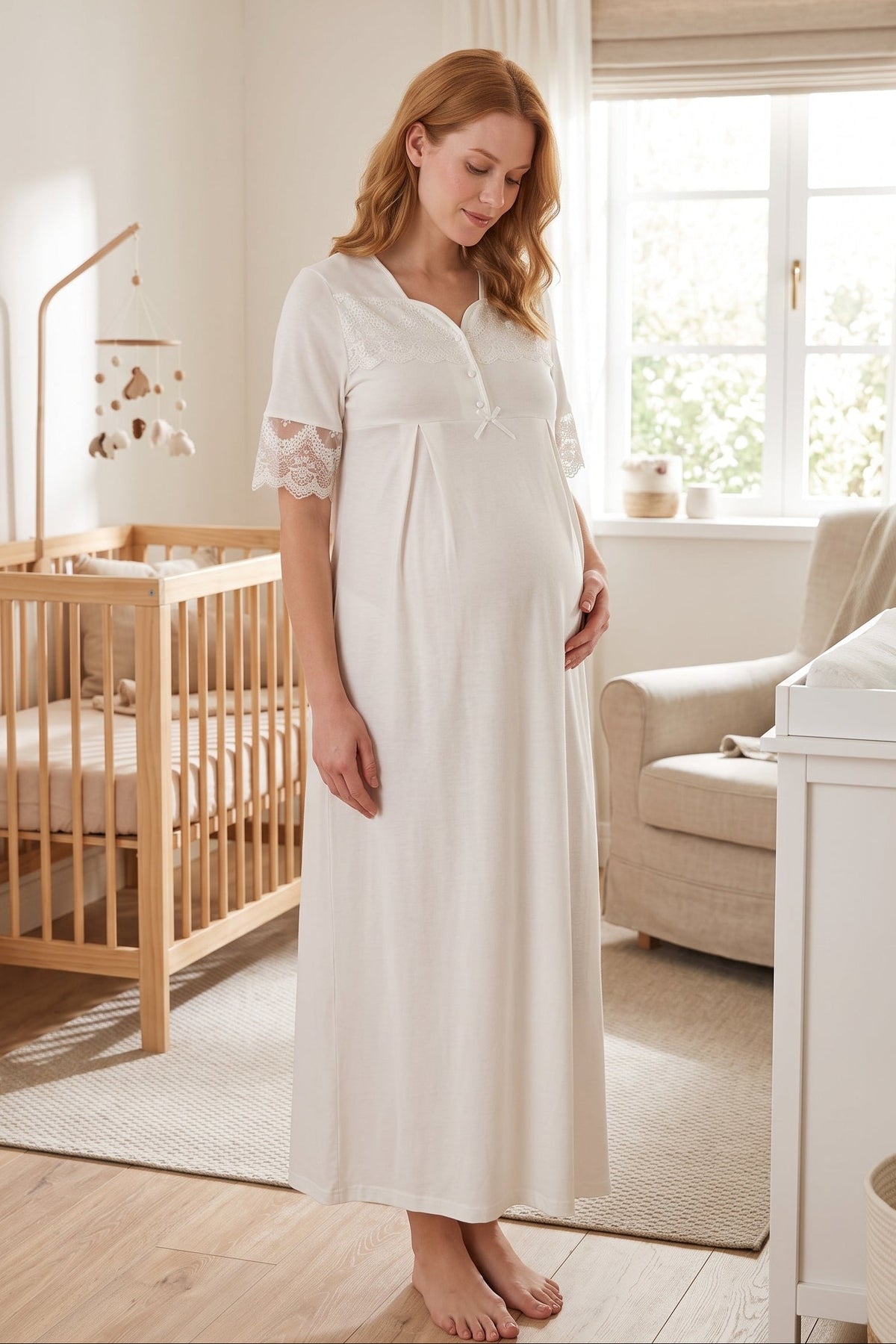 Lace Sleeve Maternity Feeding-Friendly Nightgown Ecru - T9013