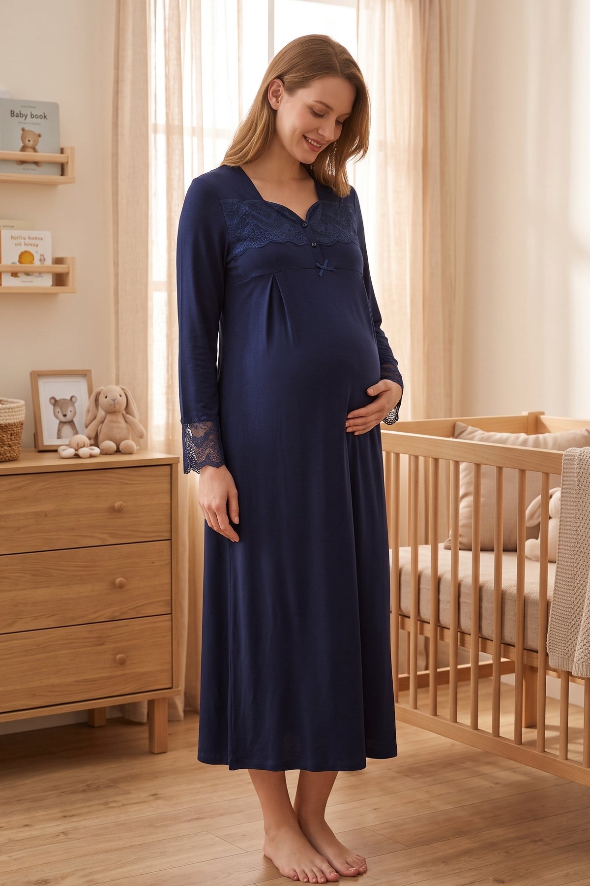 Lace Sleeve Maternity Feeding-Friendly Nightgown Navy Blue - T9013