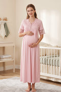Lace Sleeve Maternity Feeding-Friendly Nightgown Powder - T9013