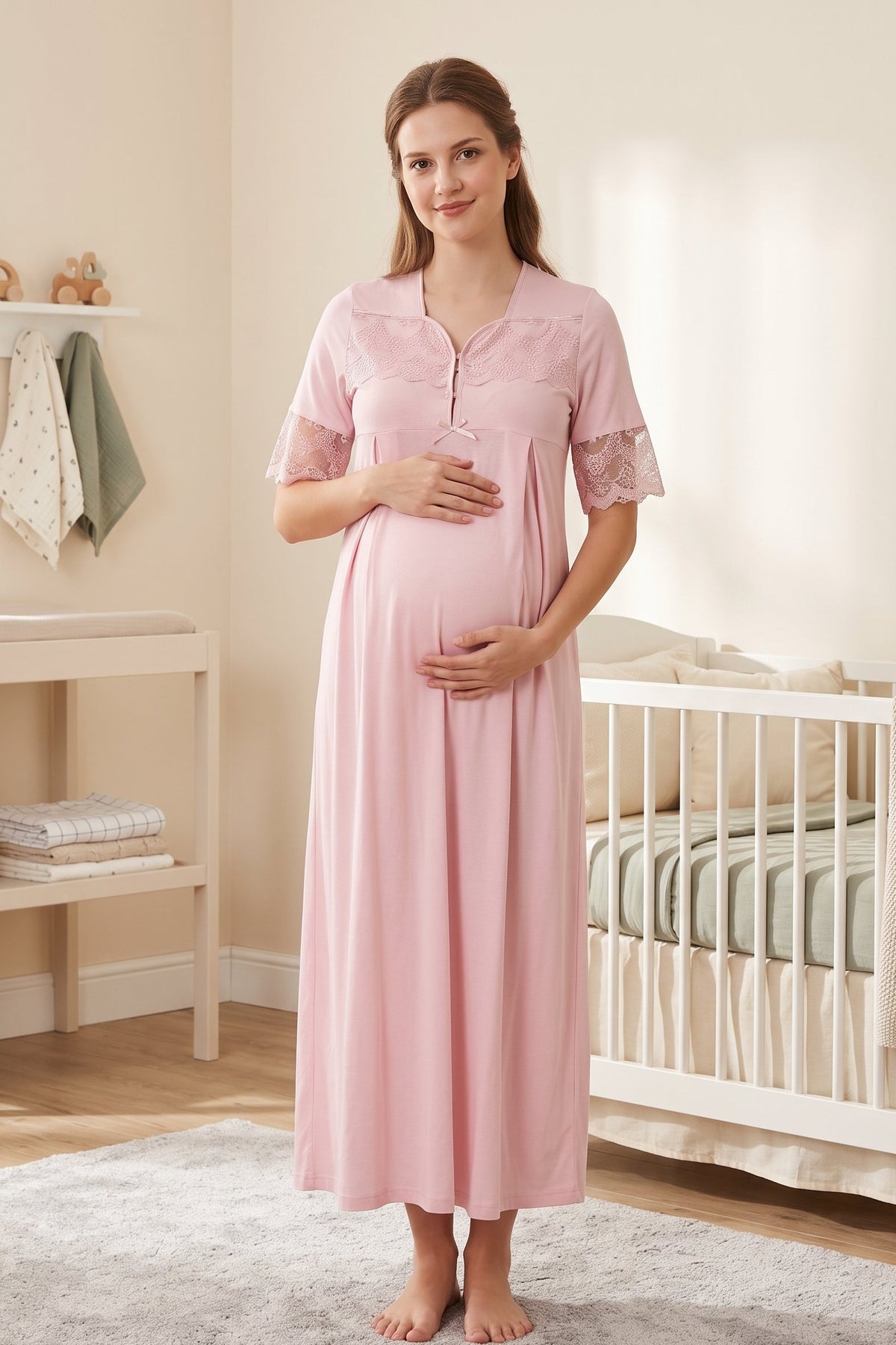 Lace Sleeve Maternity Feeding-Friendly Nightgown Powder - T9013