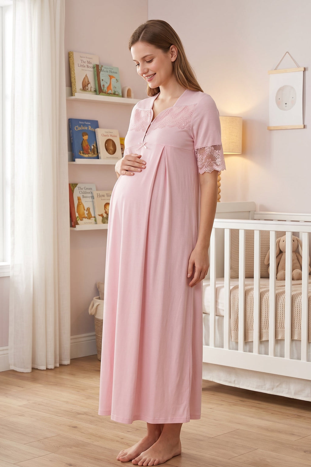 Lace Sleeve Maternity Feeding-Friendly Nightgown Powder - T9013