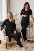 Lace Sleeve 3-Piece Maternity Feeding-Friendly Pajama & Lacy Flywheel Arm Robe Set Black - T9014
