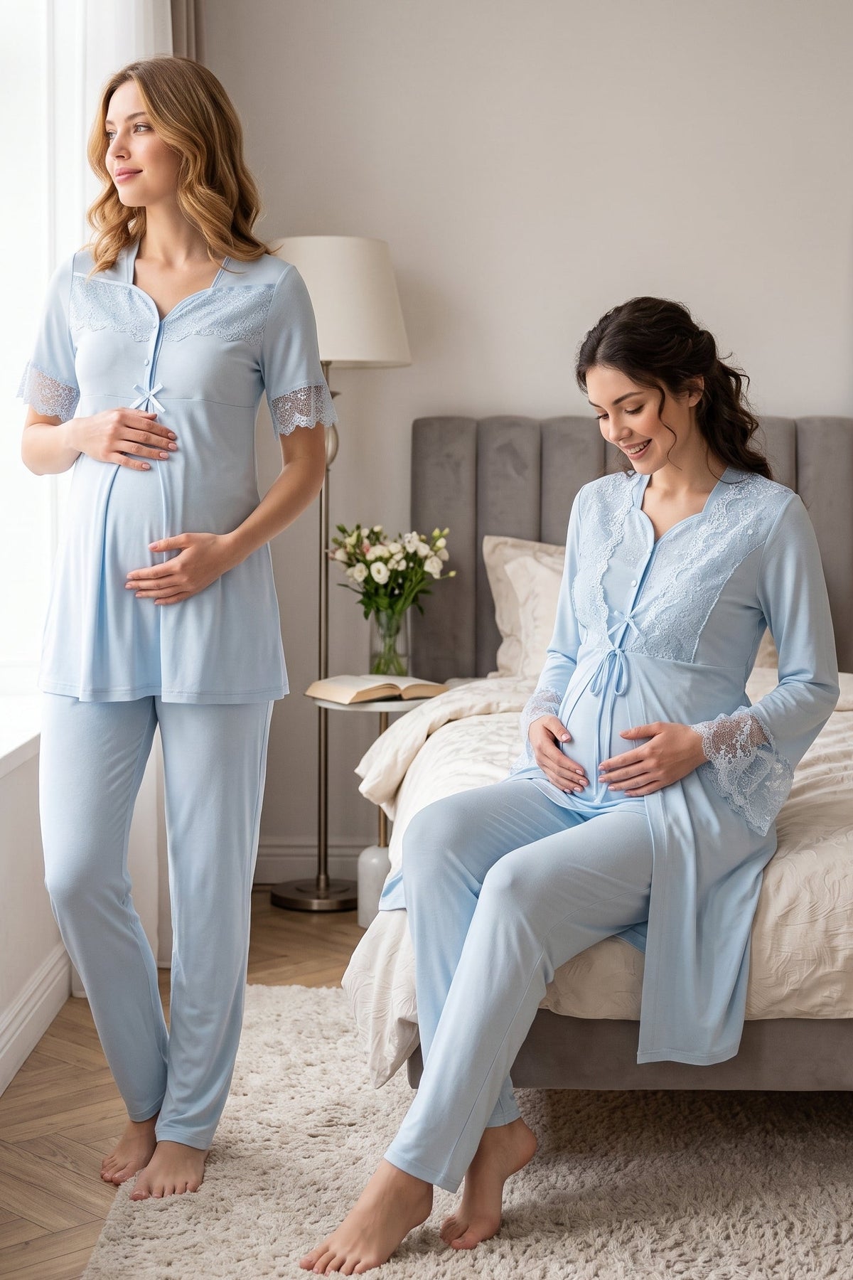 Lace Sleeve 3-Piece Maternity Feeding-Friendly Pajama & Lacy Flywheel Arm Robe Set Blue - T9014