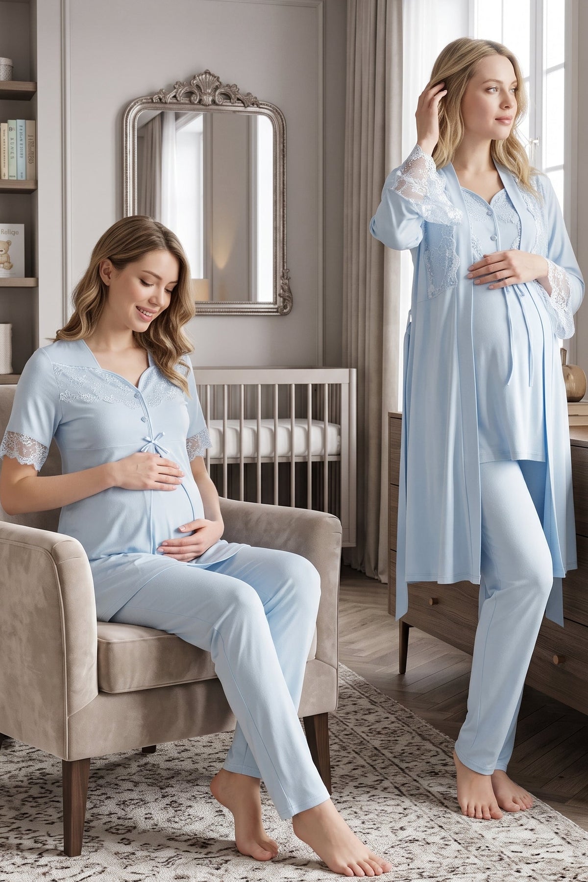 Lace Sleeve 3-Piece Maternity Feeding-Friendly Pajama & Lacy Flywheel Arm Robe Set Blue - T9014