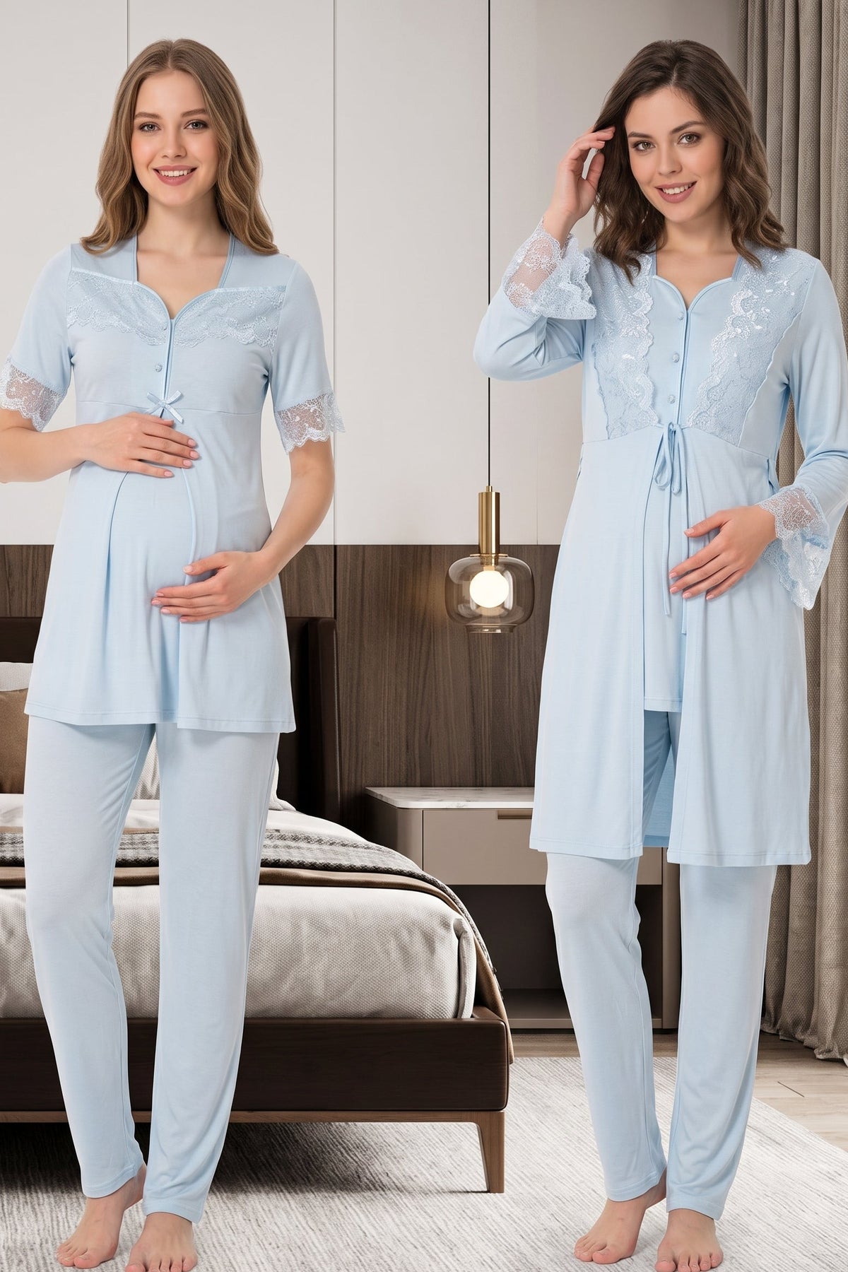 Lace Sleeve 3-Piece Maternity Feeding-Friendly Pajama & Lacy Flywheel Arm Robe Set Blue - T9014