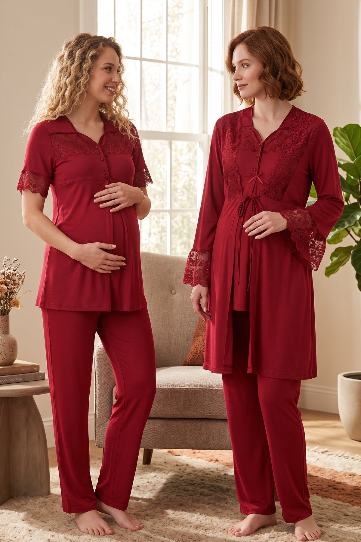 Lace Sleeve 3-Piece Maternity Feeding-Friendly Pajama & Lacy Flywheel Arm Robe Set Cherry - T9014