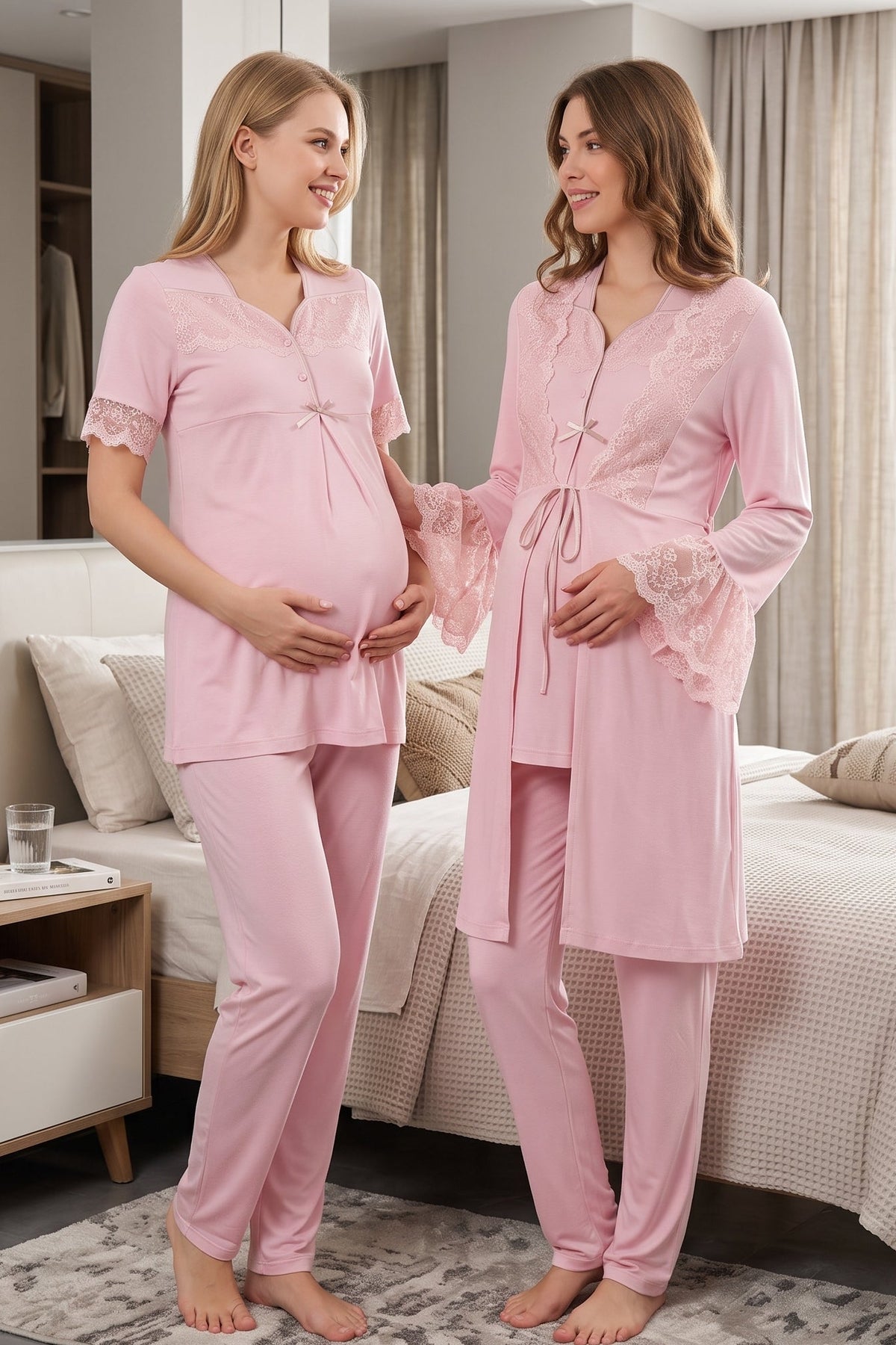 Lace Sleeve 3-Piece Maternity Feeding-Friendly Pajama & Lacy Flywheel Arm Robe Set Powder - T9014