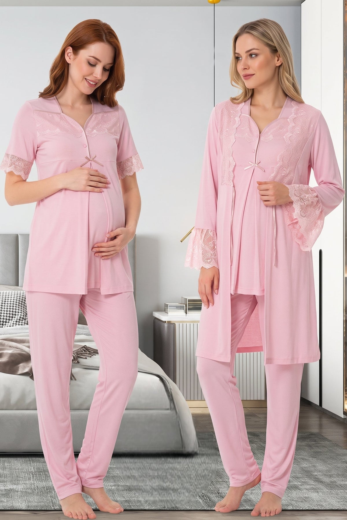 Lace Sleeve 3-Piece Maternity Feeding-Friendly Pajama & Lacy Flywheel Arm Robe Set Powder - T9014