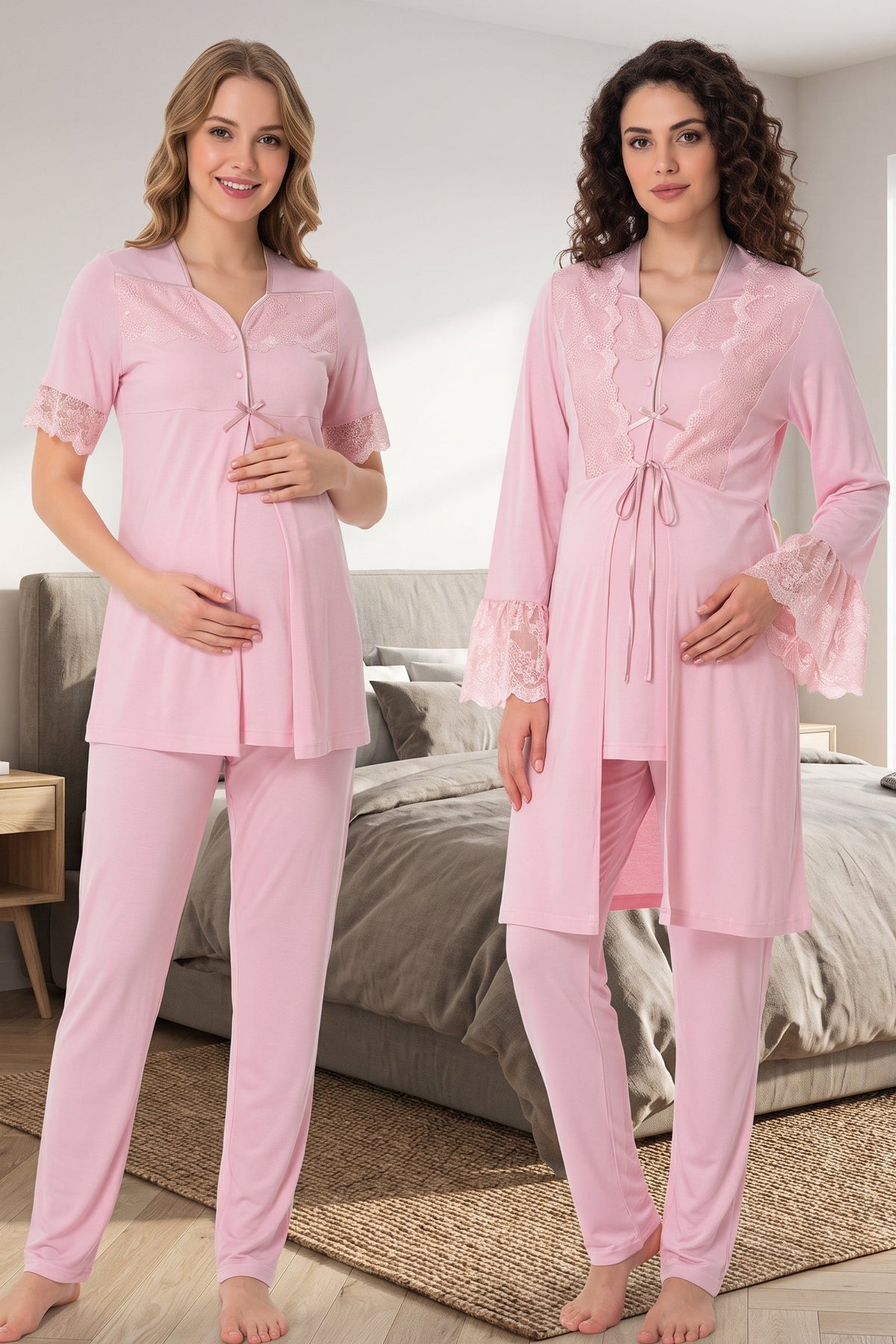 Lace Sleeve 3-Piece Maternity Feeding-Friendly Pajama & Lacy Flywheel Arm Robe Set Powder - T9014
