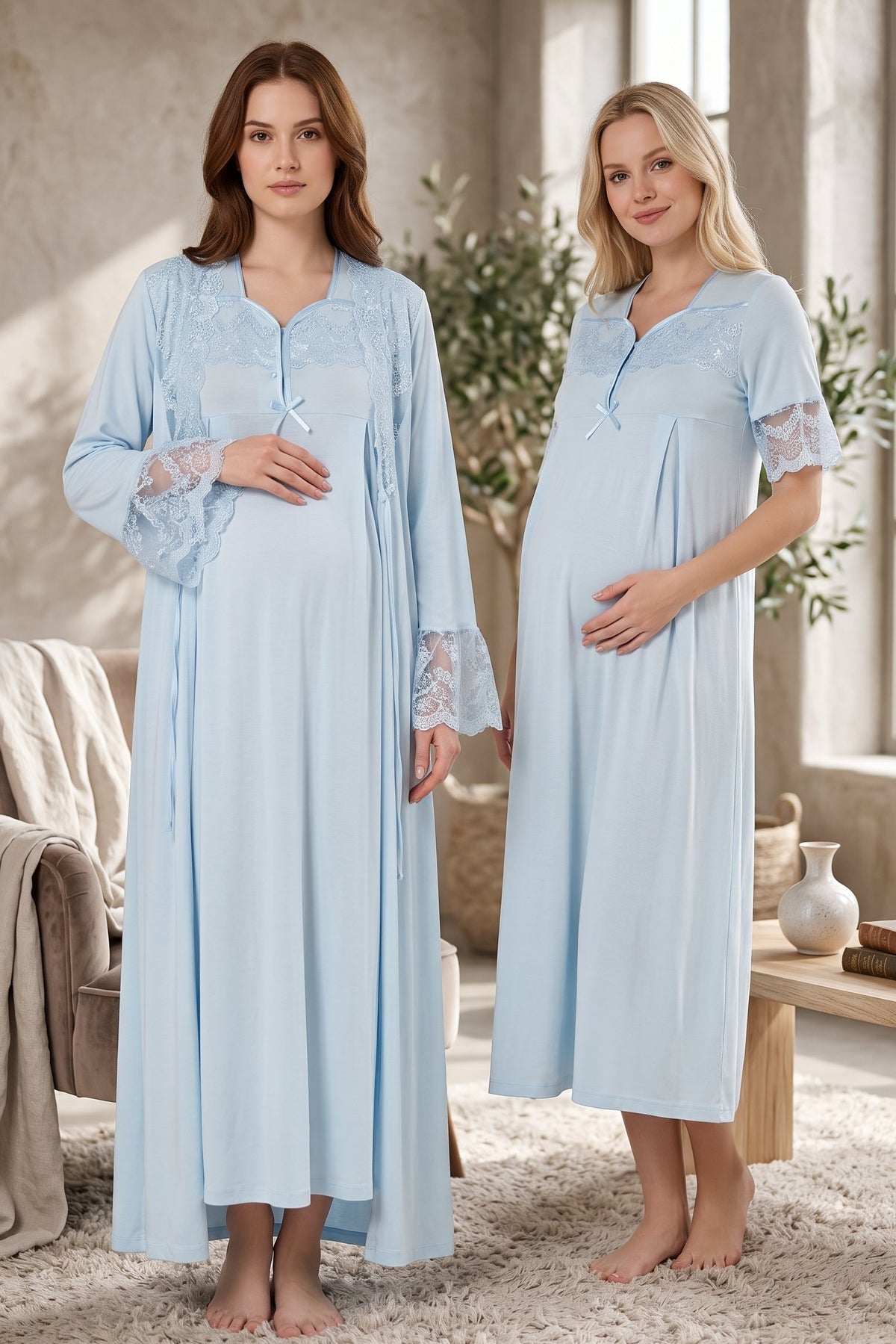 Lace Sleeve Maternity Feeding-Friendly Nightgown & Lacy Flywheel Arm Robe Set Blue - T9015