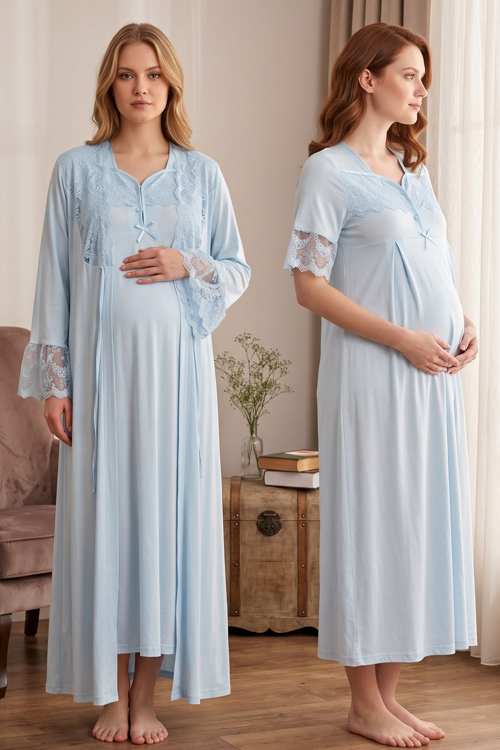 Lace Sleeve Maternity Feeding-Friendly Nightgown & Lacy Flywheel Arm Robe Set Blue - T9015