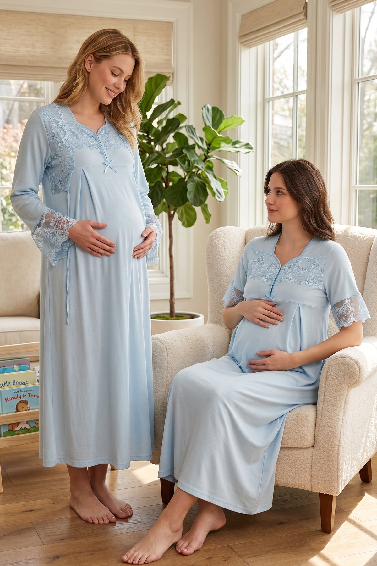 Lace Sleeve Maternity Feeding-Friendly Nightgown & Lacy Flywheel Arm Robe Set Blue - T9015
