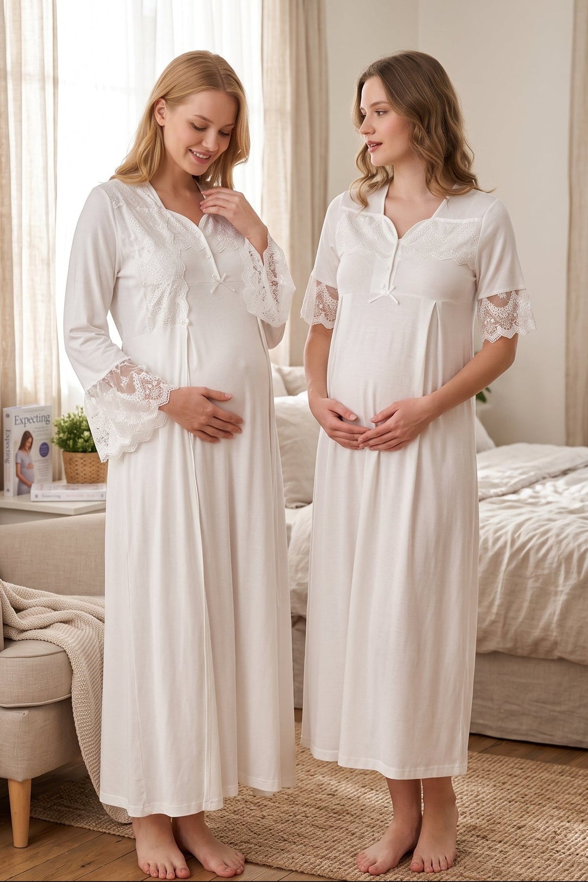 Lace Sleeve Maternity Feeding-Friendly Nightgown & Lacy Flywheel Arm Robe Set Ecru - T9015
