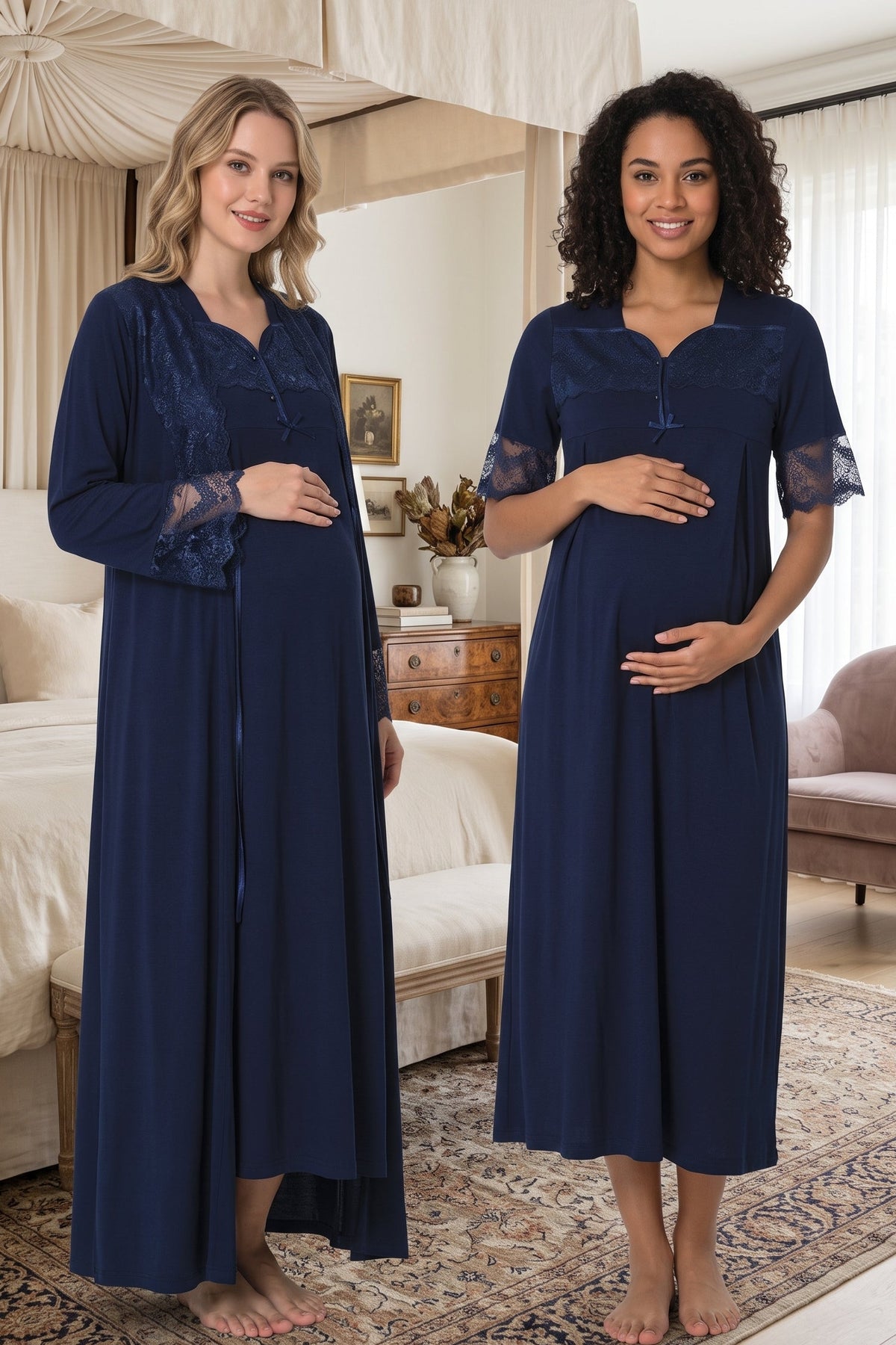 Lace Sleeve Maternity Feeding-Friendly Nightgown & Lacy Flywheel Arm Robe Set Navy Blue - T9015