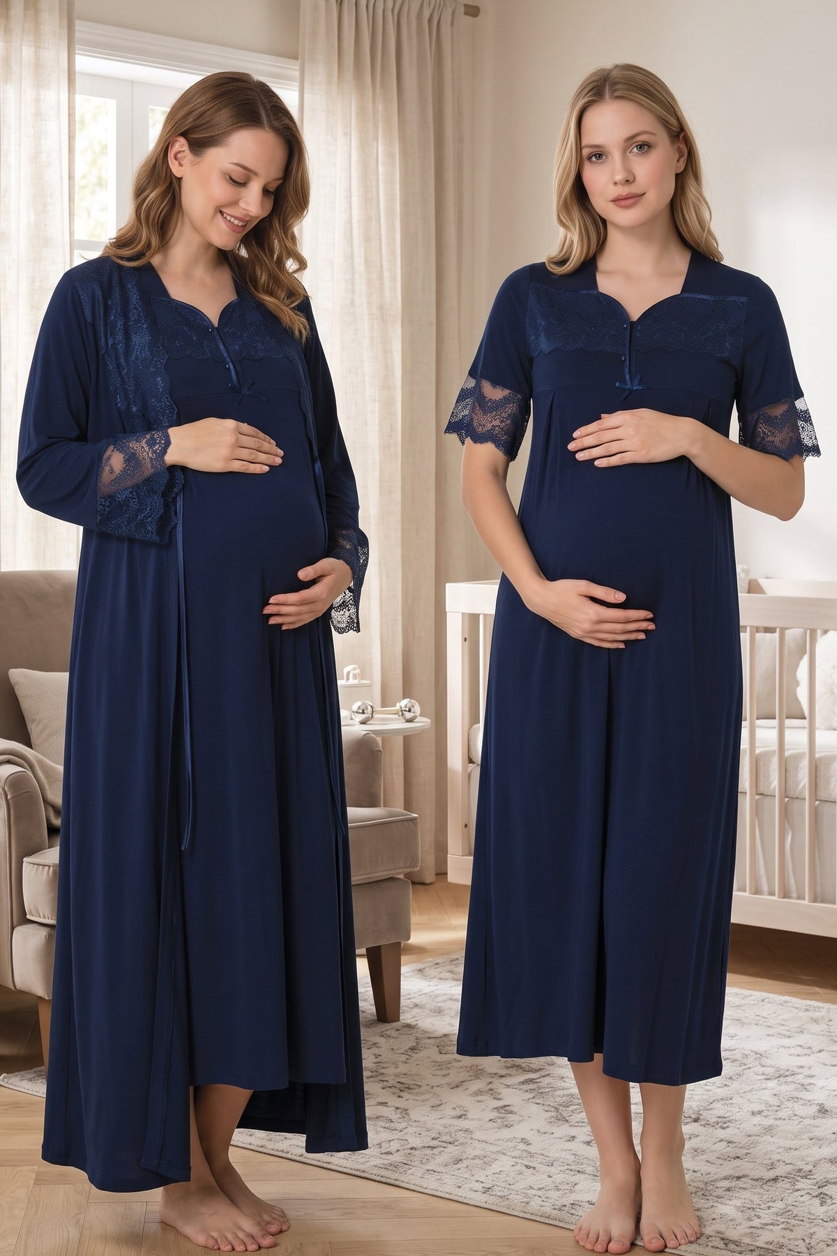 Lace Sleeve Maternity Feeding-Friendly Nightgown & Lacy Flywheel Arm Robe Set Navy Blue - T9015