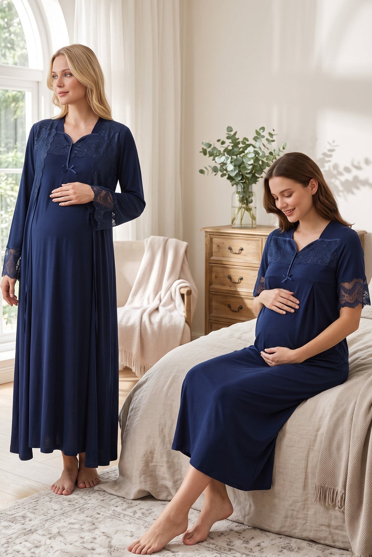 Lace Sleeve Maternity Feeding-Friendly Nightgown & Lacy Flywheel Arm Robe Set Navy Blue - T9015
