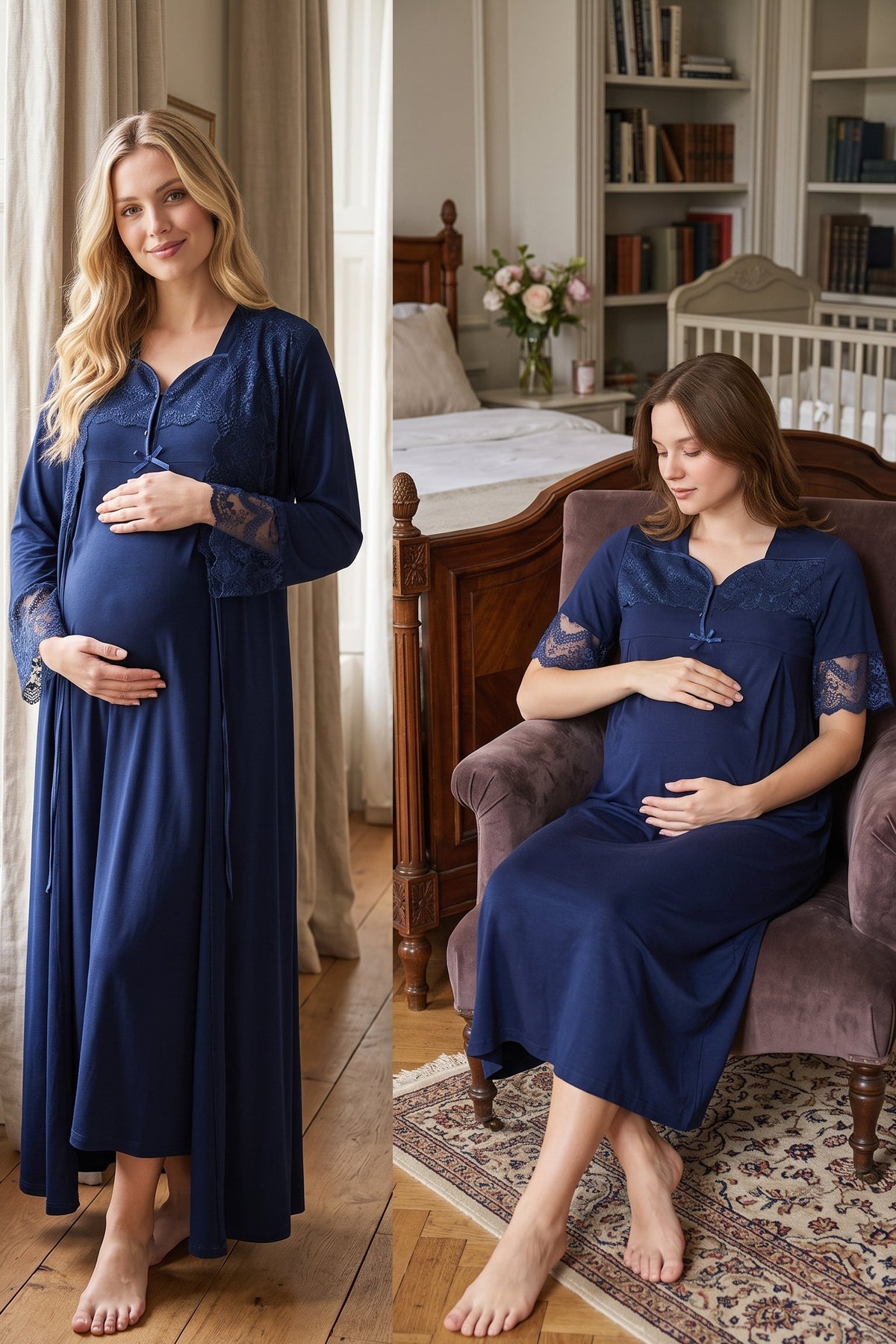 Lace Sleeve Maternity Feeding-Friendly Nightgown & Lacy Flywheel Arm Robe Set Navy Blue - T9015