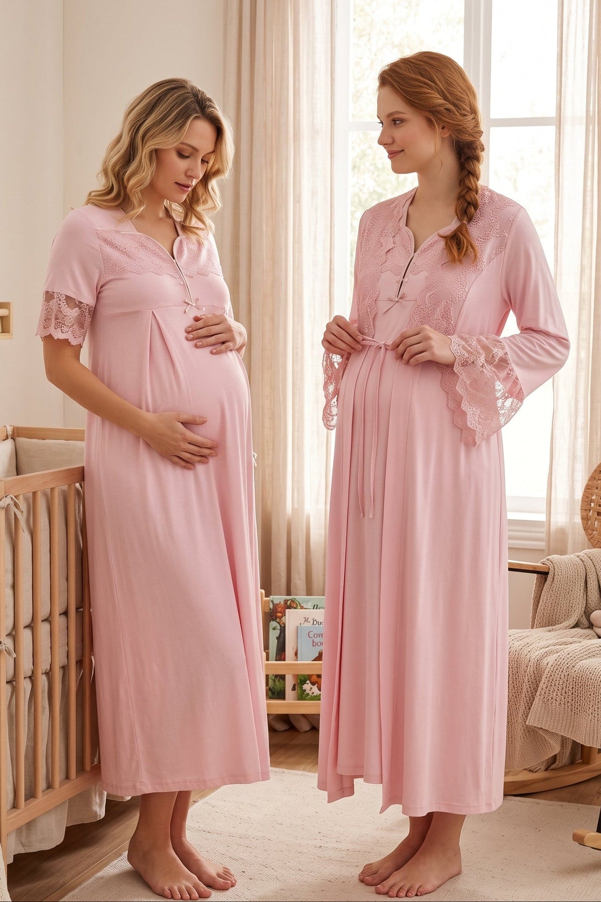 Lace Sleeve Maternity Feeding-Friendly Nightgown & Lacy Flywheel Arm Robe Set Powder - T9015