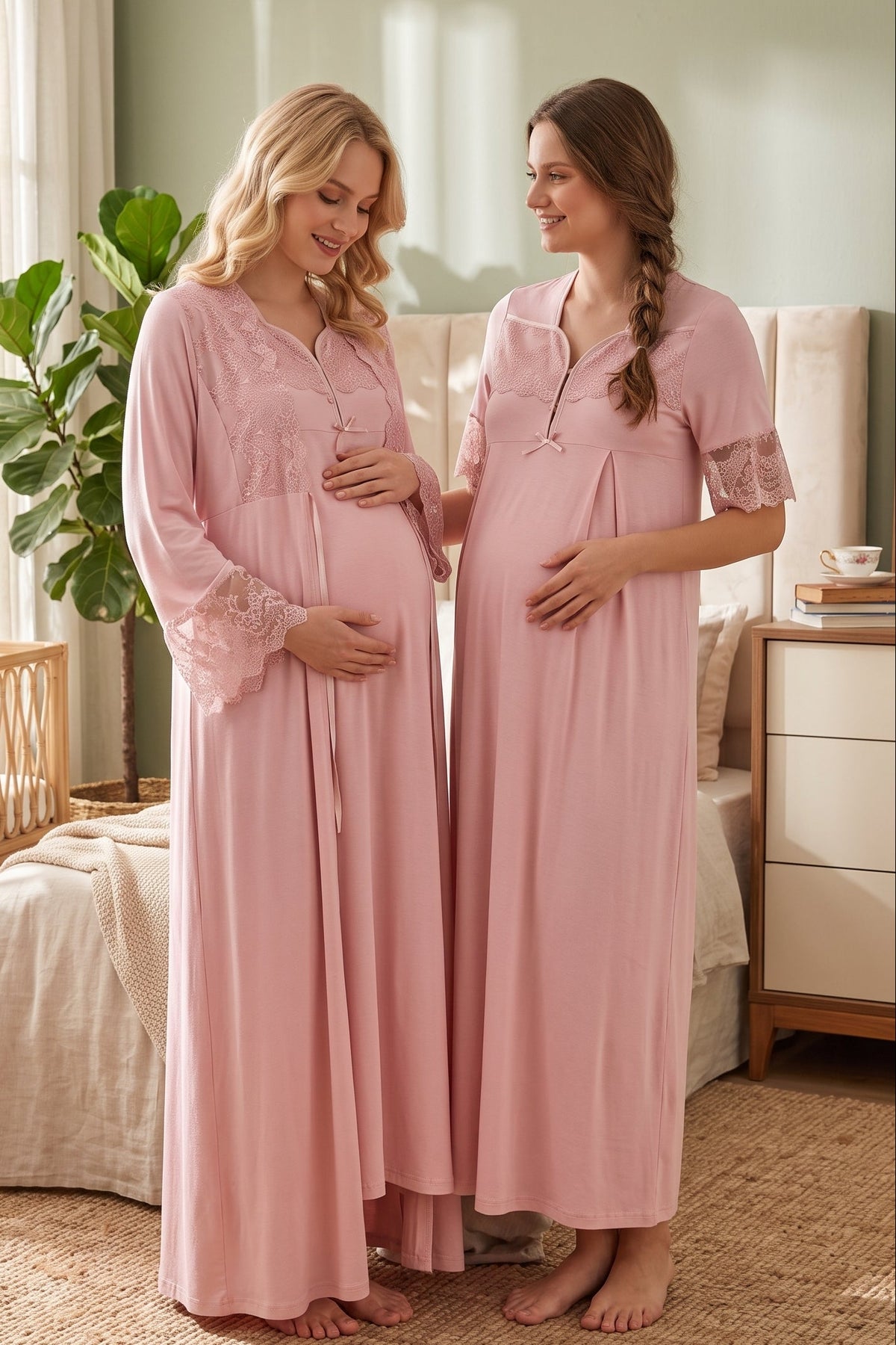 Lace Sleeve Maternity Feeding-Friendly Nightgown & Lacy Flywheel Arm Robe Set Powder - T9015
