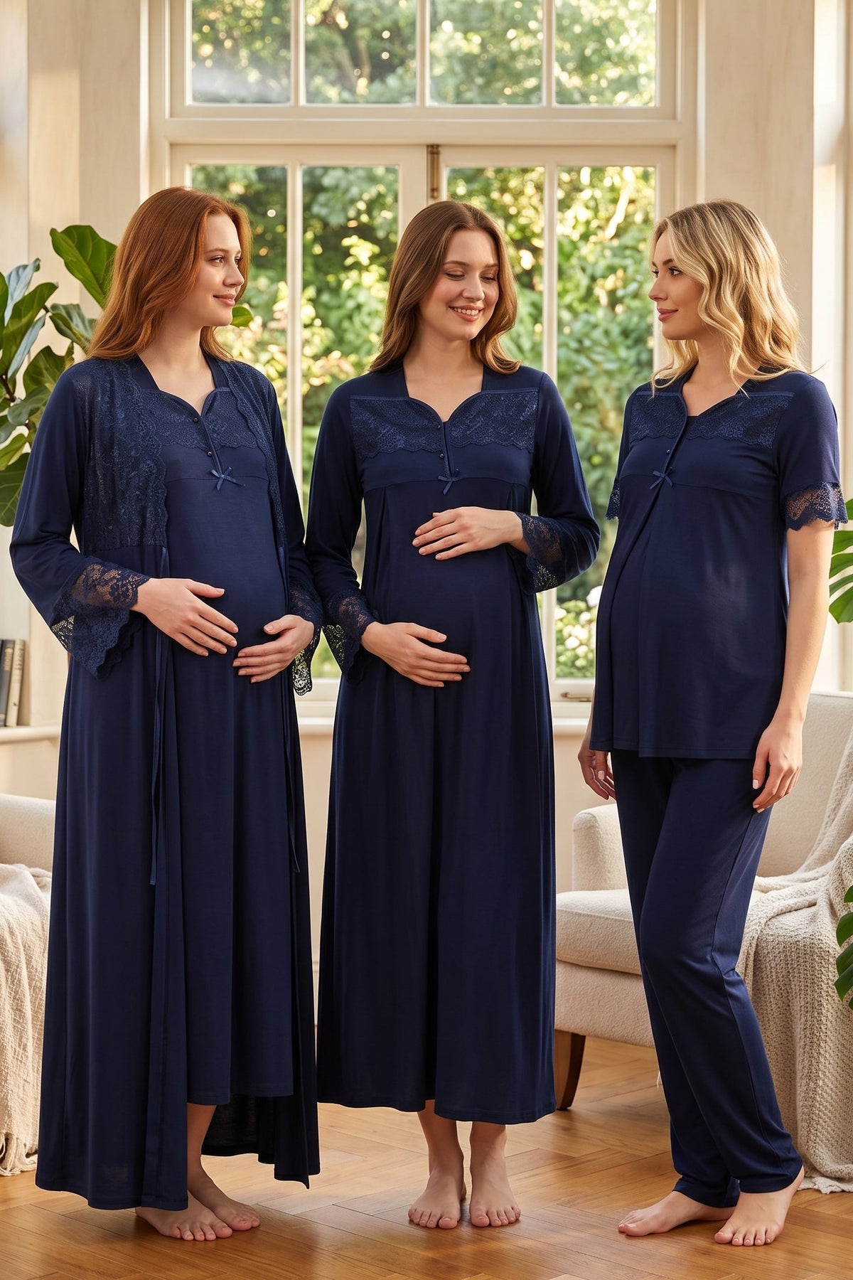 Lace Sleeve Lacy Flywheel Arm 4-Piece Maternity Feeding-Friendly Set Navy Blue - T9016