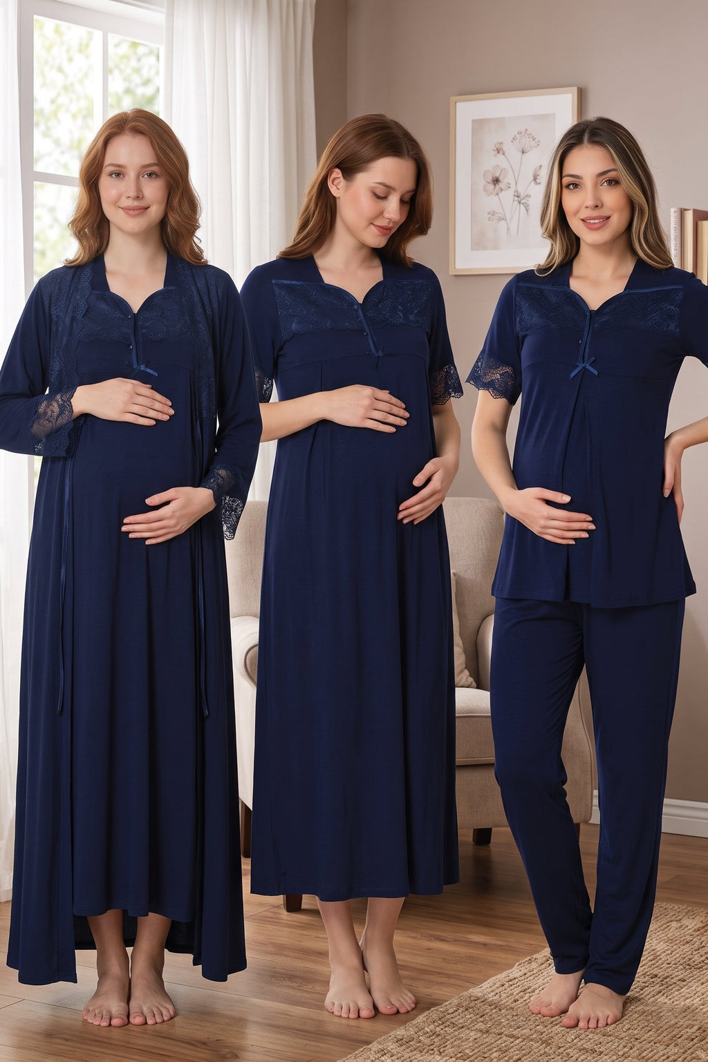 Lace Sleeve Lacy Flywheel Arm 4-Piece Maternity Feeding-Friendly Set Navy Blue - T9016