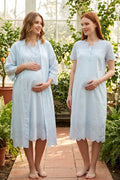 Embroidered Maternity Feeding-Friendly Nightgown & Robe Set Blue - T9020