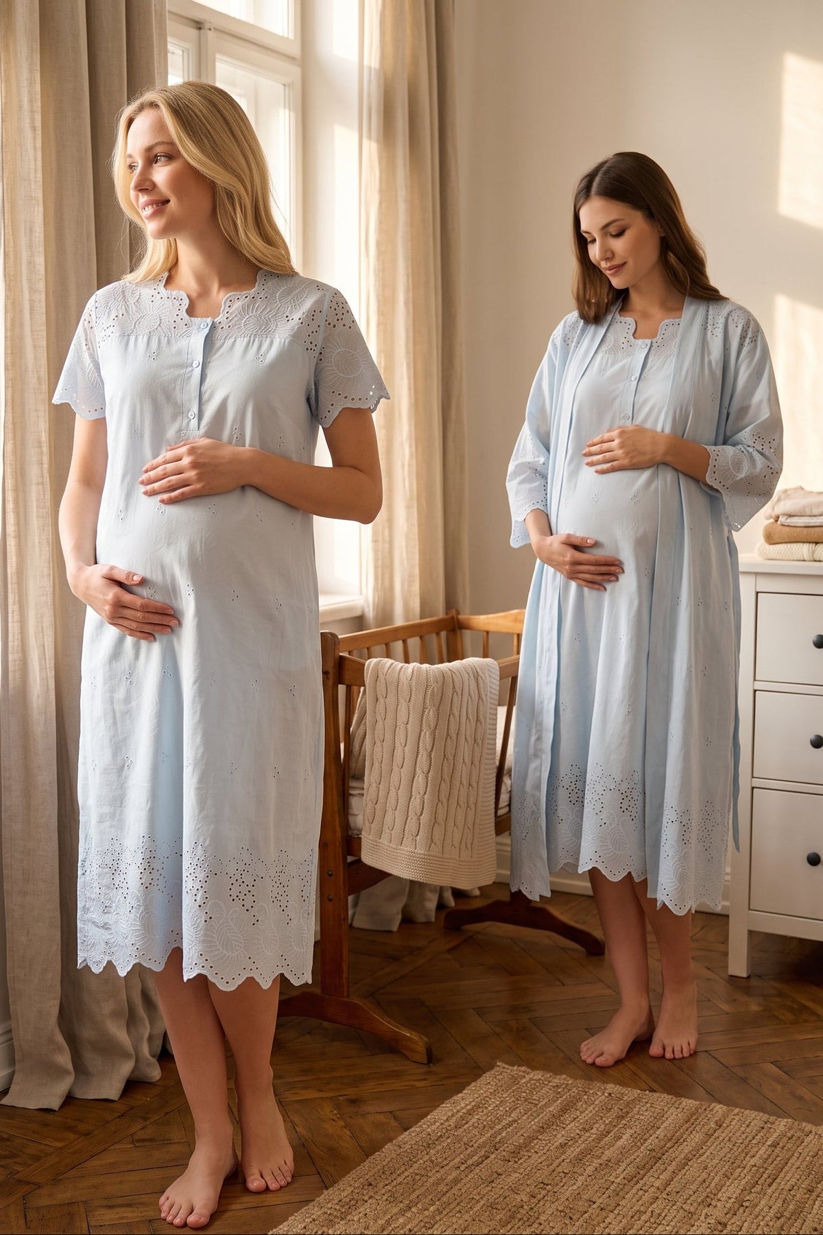 Embroidered Maternity Feeding-Friendly Nightgown & Robe Set Blue - T9020