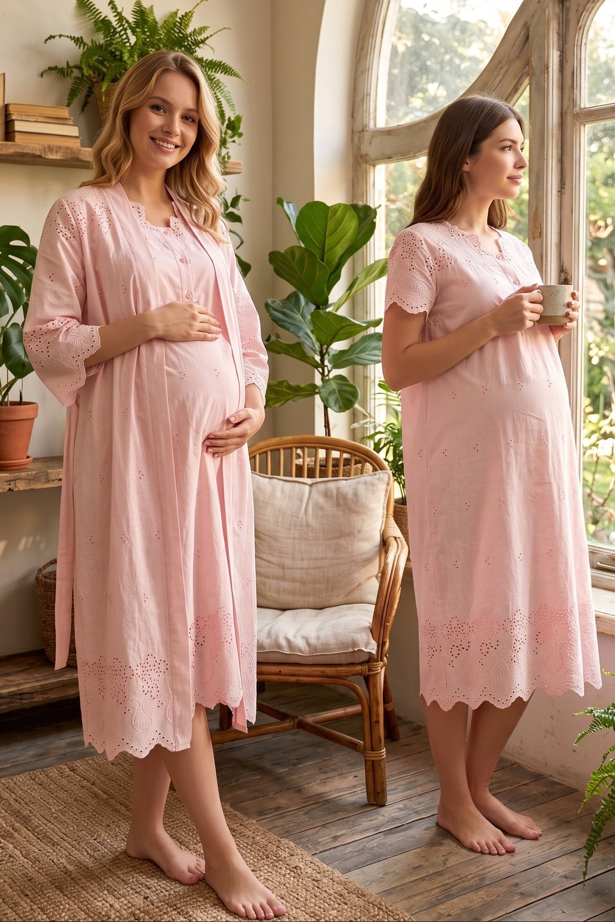 Embroidered Maternity Feeding-Friendly Nightgown & Robe Set Powder - T9020