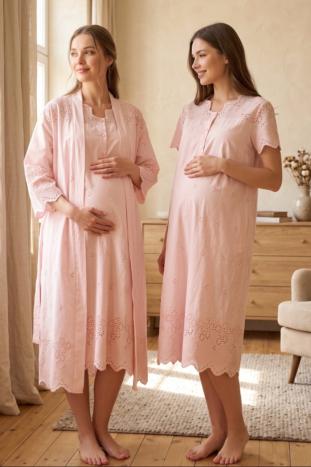 Embroidered Maternity Feeding-Friendly Nightgown & Robe Set Powder - T9020