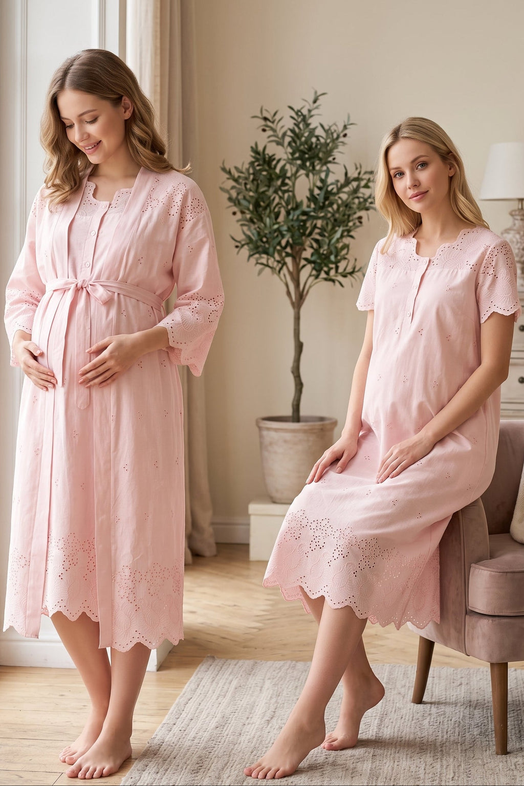 Embroidered Maternity Feeding-Friendly Nightgown & Robe Set Powder - T9020